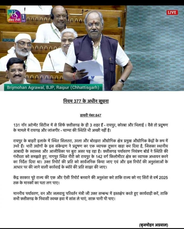 लोकसभा में सांसद बृजमोहन की प्रभावी पहल का बड़ा परिणाम, छत्तीसगढ़ को मिला 301.69 करोड़ का स्वच्छ वायु अनुदान, रायपुर को अकेले 151.59 करोड़