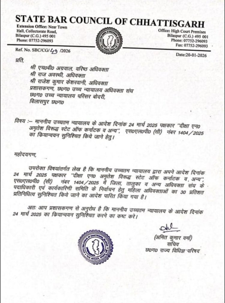 स्टेट बार काउंसिल छत्तीसगढ़ ने हाईकोर्ट के आदेश के पालन को लेकर जारी किया पत्र